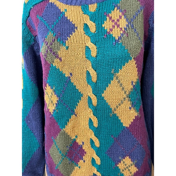 417 Van Heusen Men's M Blue Sweater Blue 80s Cable Knit Argyle Vintage - Picture 2 of 9